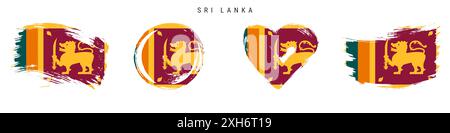 Set di icone di bandiera in stile grunge disegnate a mano nello Sri Lanka. Striscione dello Sri lanka a colori ufficiali. Forma libera del pennello, forma circolare e a cuore. Flat illustra Foto Stock