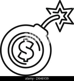 Disegno di una bomba rotonda con il simbolo del dollaro e una miccia ardente, che simboleggia la crisi finanziaria Illustrazione Vettoriale