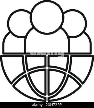 Illustrazione in bianco e nero di tre icone di persone posizionate sopra un globo, che rappresentano la comunità globale e la collaborazione Illustrazione Vettoriale
