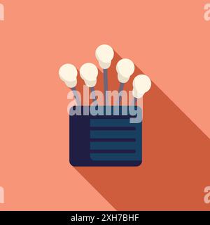 Cinque batuffoli di cotone in posizione verticale in un contenitore blu scuro, con una lunga ombra gettata su sfondo rosso Illustrazione Vettoriale