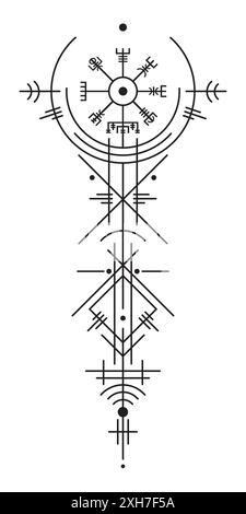 Magia antica vichinga art deco, Vegvisir magia navigazione bussola antica. I Vichinghi usarono molti simboli in accordo con la mitologia norrena Illustrazione Vettoriale