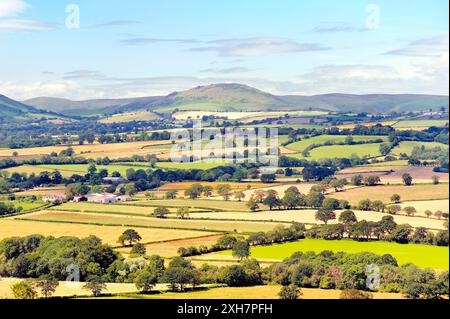 A sud-ovest da Wenlock Edge vicino a Easthope, sulle fattorie estive di Ape Dale fino a Caer Cardoc e Long Mynd, Shropshire, Inghilterra Foto Stock