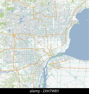 Road map of Detroit in Michigan. Contains layered vector with roads water, parks, etc. Stock Vector