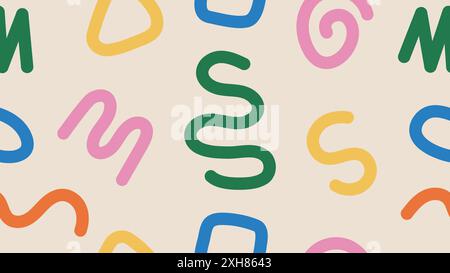 Divertente stile doodle dal motivo astratto e colorato. Semplice sfondo per bambini. Sfondo creativo e minimalista disegnato a mano con un tocco luminoso Illustrazione Vettoriale