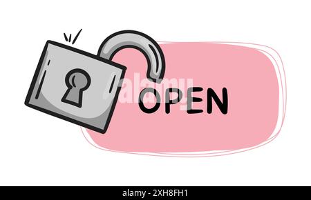Aperto. Semplice adesivo vettoriale con lucchetto aperto e testo. Elemento disegnato a mano modificabile per design, banner, sito Web, stampa Illustrazione Vettoriale