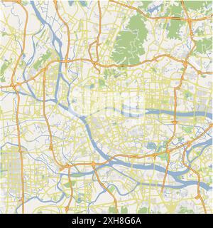 Road map of Guangzhou in China. Contains layered vector with roads water, parks, etc. Stock Vector