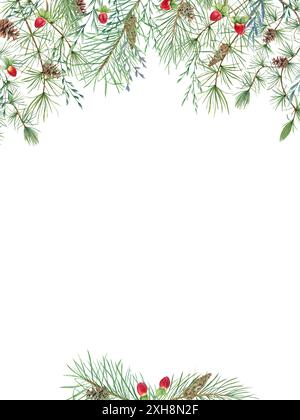 Coni di pino, bacche rosse, erbe e rami sempreverdi. Abete, arco, spikelet e bacca di hypericum. Cornice verticale natalizia con spazio vuoto per il testo Foto Stock