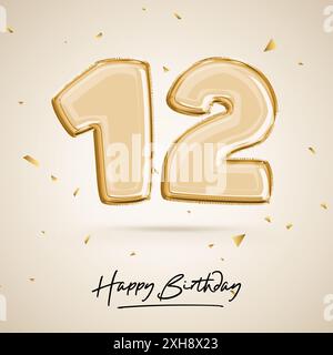 Celebrazione del dodicesimo anniversario, numero di compleanno 12, palloncino nero, poster di compleanno, congratulazioni, numeri d'oro con coriandoli d'oro scintillanti. 3D. Foto Stock