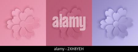 Set di fiori di rosa e lavanda in 3D. Collezione abstrac con ritaglio floreale per l'estate, design per festival primaverili, san valentino, presentazione, Illustrazione Vettoriale