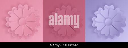 Set di fiori di rosa e lavanda in 3D. Collezione abstrac con ritaglio floreale per l'estate, design per festival primaverili, san valentino, presentazione, Illustrazione Vettoriale