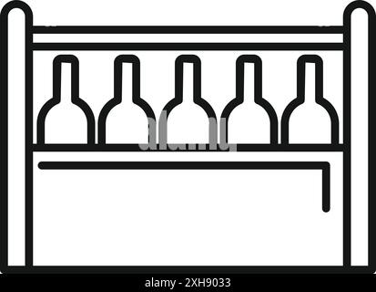 Rack per vini con cinque bottiglie di alcol, icona della linea di attrezzature per l'azienda vinicola per il web design e le app Illustrazione Vettoriale