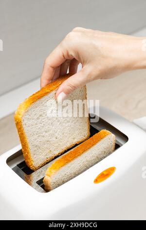 mano di donna che mette il pane nel tostapane. casalinga che frigge il pane in un tostapane, in cucina. tostare il pane in un tostapane. un pezzo di pane. verticale Foto Stock