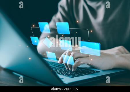 Automazione dei processi aziendali e del flusso di lavoro con diagramma di flusso, implementazione, gerarchia aziendale la relazione dell'ordine posizionale nel lavoro dei membri del team Foto Stock