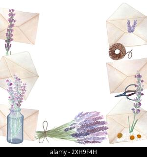 Buste, fiori di lavanda, forbici, struttura in corda di iuta isolata su bianco. Acquerello dipinto a mano. Grafica stazionaria testurizzata di alta qualità, ideale per la carta Foto Stock