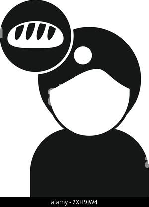 Silhouette in bianco e nero di un panettiere che pensa al pane, semplice logo icona Illustrazione Vettoriale