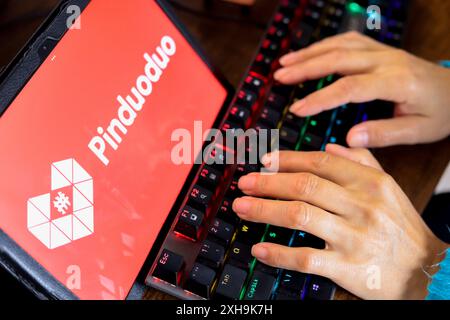 Paraguay. 12 luglio 2024. In questa immagine, una persona digita accanto al logo Pinduoduo visualizzato sullo schermo di un tablet. (Foto di Jaque Silva/SOPA Images/Sipa USA) *** esclusivamente per notizie editoriali *** credito: SIPA USA/Alamy Live News Foto Stock