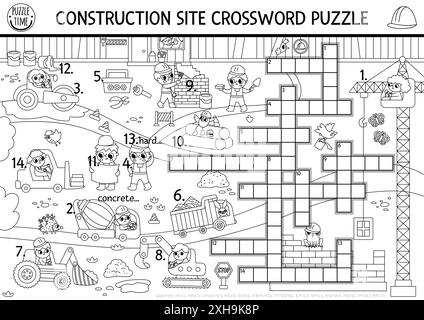 Puzzle a croce in bianco e nero vettoriale per i bambini con paesaggi da cantiere. Quiz con lavoratori, veicoli industriali. Croce educativa acti Illustrazione Vettoriale