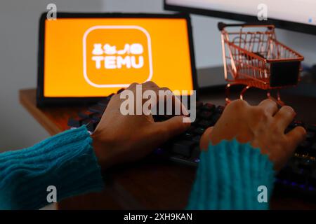 Paraguay. 12 luglio 2024. In questa immagine, una persona digita vicino al logo Temu visualizzato sullo schermo di un tablet. (Foto di Jaque Silva/SOPA Images/Sipa USA) *** esclusivamente per notizie editoriali *** credito: SIPA USA/Alamy Live News Foto Stock