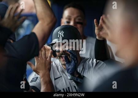 St. Petersburg, Florida, Stati Uniti. 11 luglio 2024. Il ricevitore dei New York Yankees AUSTIN WELLS (28) viene celebrato in dugout dopo aver fatto casa durante una partita della MLB contro i Tampa Bay Rays al Tropicana Field. I Rays batterono gli Yankees 5-4. (Credit Image: © Kim Hukari/ZUMA Press Wire) SOLO PER USO EDITORIALE! Non per USO commerciale! Foto Stock