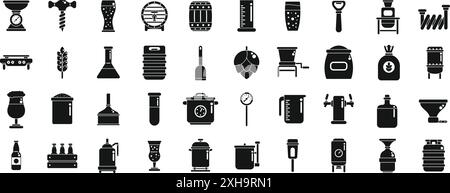 Set di icone per l'estrazione domestica. Semplice set di attrezzature artigianali per birreria e icone vettoriali relative al processo di produzione della birra per il proprio progetto e applicazione Illustrazione Vettoriale