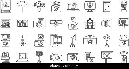 Set di icone dei corsi di fotografia. Set di icone di linea che rappresentano attrezzature e concetti diversi relativi alla fotografia e ai fotografi che lavorano Illustrazione Vettoriale
