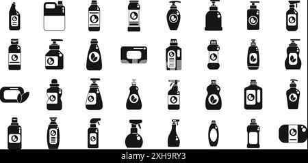 Set di icone dei prodotti per la pulizia ecocompatibili. Set di flaconi di prodotti per la pulizia ecocompatibili, perfetti per promuovere pratiche di pulizia sostenibili e sicure Illustrazione Vettoriale