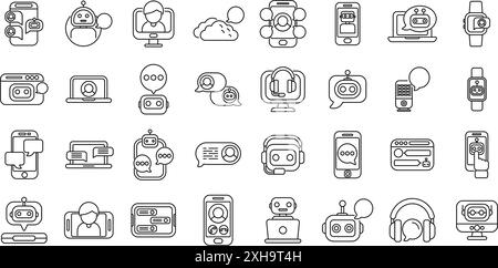 Set di icone dei servizi di assistente virtuale. Icone che mostrano diversi dispositivi e piattaforme utilizzati dai chatbot per comunicare Illustrazione Vettoriale