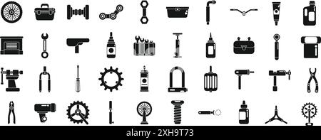 Set di icone dell'officina di riparazione e manutenzione delle biciclette. Set di icone nere che rappresentano diverse parti di biciclette, attrezzi e accessori utilizzati dai meccanici per la riparazione delle biciclette Illustrazione Vettoriale