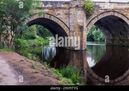 Una vista panoramica del fiume Tees a Yarm che mostra il ponte stradale e le rive alberate del fiume con riflessi sull'acqua Foto Stock