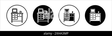 Icona della tabella di studio simbolo vettoriale o insieme di set di segni in bianco e nero Illustrazione Vettoriale