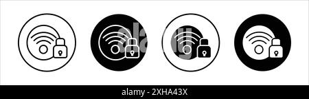 Icona di sicurezza Wi-Fi simbolo vettoriale o collezione set di segnali con contorno in bianco e nero Illustrazione Vettoriale