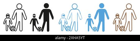 Padre e figlio che giocano al simbolo del vettore o alla collezione di set di insegne in bianco e nero Illustrazione Vettoriale