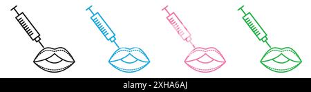 Icona di iniezione delle labbra dell'acido ialuronico simbolo vettoriale o set di segni raccolta in bianco e nero Illustrazione Vettoriale