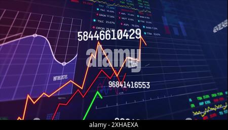 Analisi di dati finanziari, grafici del mercato azionario e grafici con numeri visualizzati Foto Stock