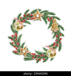 Corona di Natale decorata con palle e frutti di bosco, acquerello. Rami verdi di abete. Illustrazione disegnata a mano isolata su bianco. Per Natale e New Ye Foto Stock