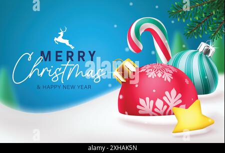 Design vettoriale dei saluti di Natale. buon natale e felice anno nuovo testo di benvenuto con palline di Natale, bastone di caramelle e stelle elementi colorati sulla neve Illustrazione Vettoriale