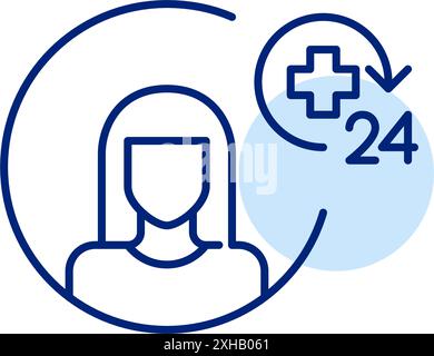 Avatar donna, croce medica e emblema 24 ore su 24. Copertura sanitaria per tutto il giorno. Sicurezza 24 ore su 24. Pixel Perfect, icona del vettore di traccia modificabile Illustrazione Vettoriale