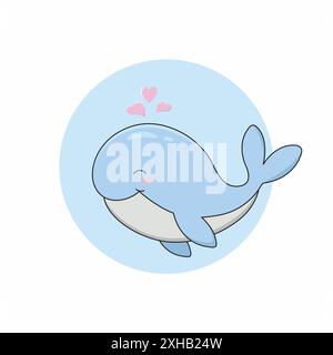 Graziosa piccola balena su sfondo Blue Circle con illustrazione vettoriale Little Pink Hearts. Personaggio cartoni animati sorridente di Undersea World. Illustrazione Vettoriale