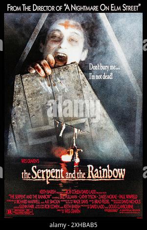 The Serpent and the Rainbow (1989) diretto da Wes Craven e interpretato da Bill Pullman, Cathy Tyson e Zakes Mokae. Un antropologo va ad Haiti dopo aver sentito voci su una droga usata dai maghi neri per trasformare le persone in zombie. Fotografia di un poster originale US 1989 da un foglio ***SOLO PER USO EDITORIALE***. Crediti: BFA / Universal Pictures Foto Stock