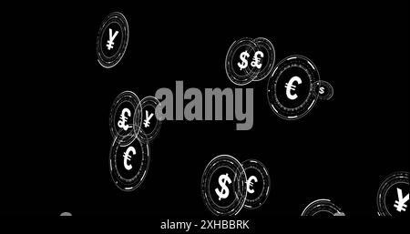 Simboli di valuta fluttuanti, tra cui yen, dollaro ed euro su sfondo nero Foto Stock