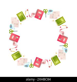 Telaio rotondo, cancelleria scolastica. Forbici per notebook Vector Illustrazione Vettoriale