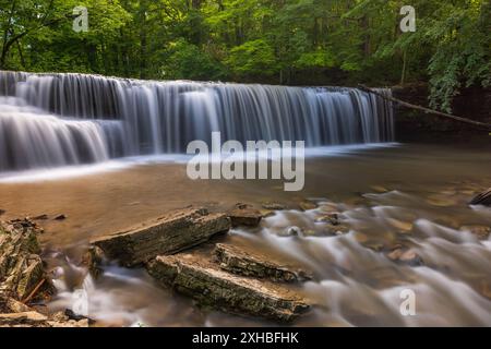 La cascata di Prairie Creek offre un paesaggio panoramico nei boschi durante l'estate. Foto Stock