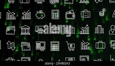 Icone relative alla finanza, tra cui grafici, calcolatrici e portafogli su sfondo digitale Foto Stock