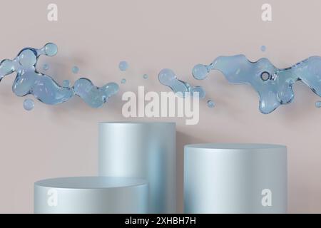 Elegante rendering 3D dei podi azzurri, completato da un getto d'acqua dinamico, che crea uno sfondo sereno ma coinvolgente, perfetto per il prodotto Foto Stock