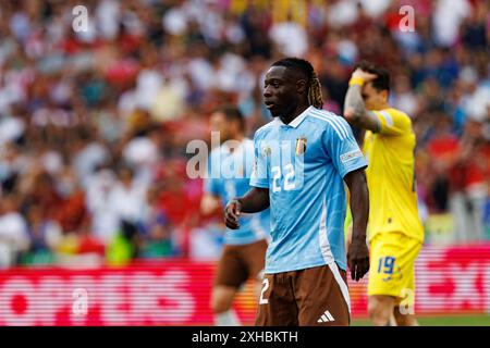 Jeremy Doku è stato visto durante la partita di UEFA Euro 2024 tra le squadre nazionali di Ucraina e Belgio alla MHPArena di Stoccarda, Germania (Maciej Rogowski) Foto Stock