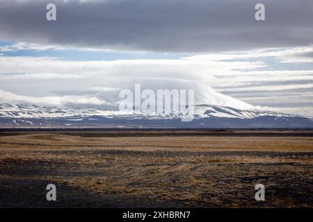 Paesaggio islandese grezzo con praterie, campi di lava e vulcano Hekla innevato con picco coperto di nuvole. Foto Stock