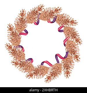 Corona di Natale realizzata con coni di pino dettagliati. Illustrazione ad acquerello disegnata a mano isolata dallo sfondo. Copia spazio di abete naturale di conifere rotonde Foto Stock