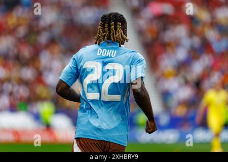 Jeremy Doku è stato visto durante la partita di UEFA Euro 2024 tra le squadre nazionali di Ucraina e Belgio alla MHPArena di Stoccarda, Germania Foto Stock