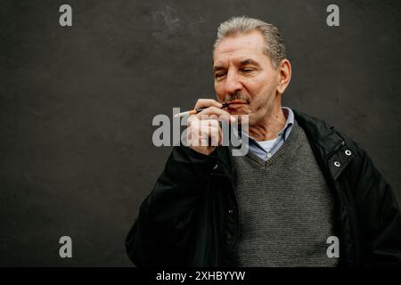 Un uomo con i capelli grigi e i baffi sta fumando una sigaretta. Indossa una giacca nera su un maglione grigio. Foto Stock