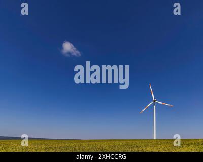 Turbina eolica in un campo aperto, una piccola nuvola nuvola il cielo blu. Swabian Alb, Geislingen an der Steige, Baden-Wuerttemberg, Germania Foto Stock